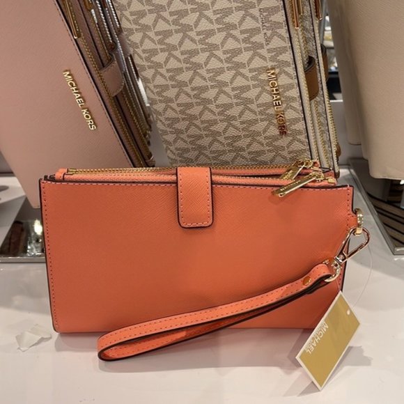 Michael Kors Jet Set Travel Leather Large Double Zip Wallet Wristlet Sherbert - Picture 2 of 16